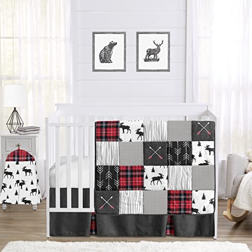 Sweet Jojo Designs Grey, Black and Red Woodland Plaid and Arrow Rustic Patch Baby Boy Crib Bedding Set 4 Pieces - Flannel Moose Gray