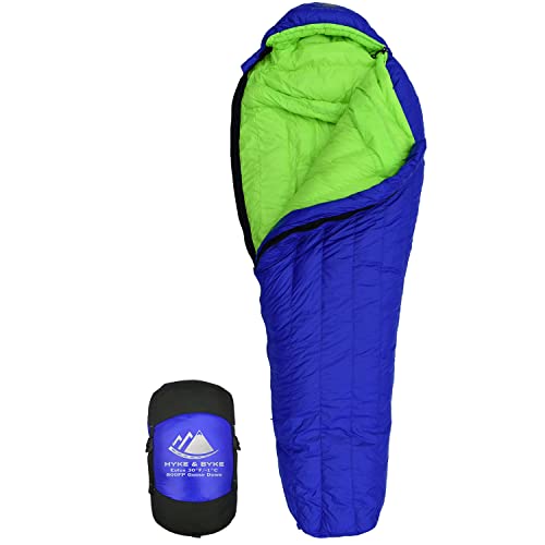 Hyke & Byke Eolus 30 F Hiking & Backpacking Sleeping Bag - 3 Season, 800FP Goose Down Sleeping Bag - Ultralight - Blue/Lime Green - 78in - Regular