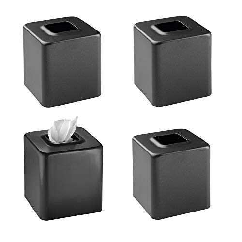 mDesign Modern Square Metal Paper Facial Tissue Box Cover Holder for Bathroom Vanity Countertops, Bedroom Dressers, Night Stands, Desks and Tables - 4 Pack - Black