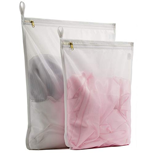 TENRAI Delicates Laundry Bags, Bra Fine Mesh Wash Bag for Underwear, Lingerie, Bra, Pantyhose, Socks, Use YKK Zipper, Have Hanger Loops (White, 1 Large & 1 Medium)