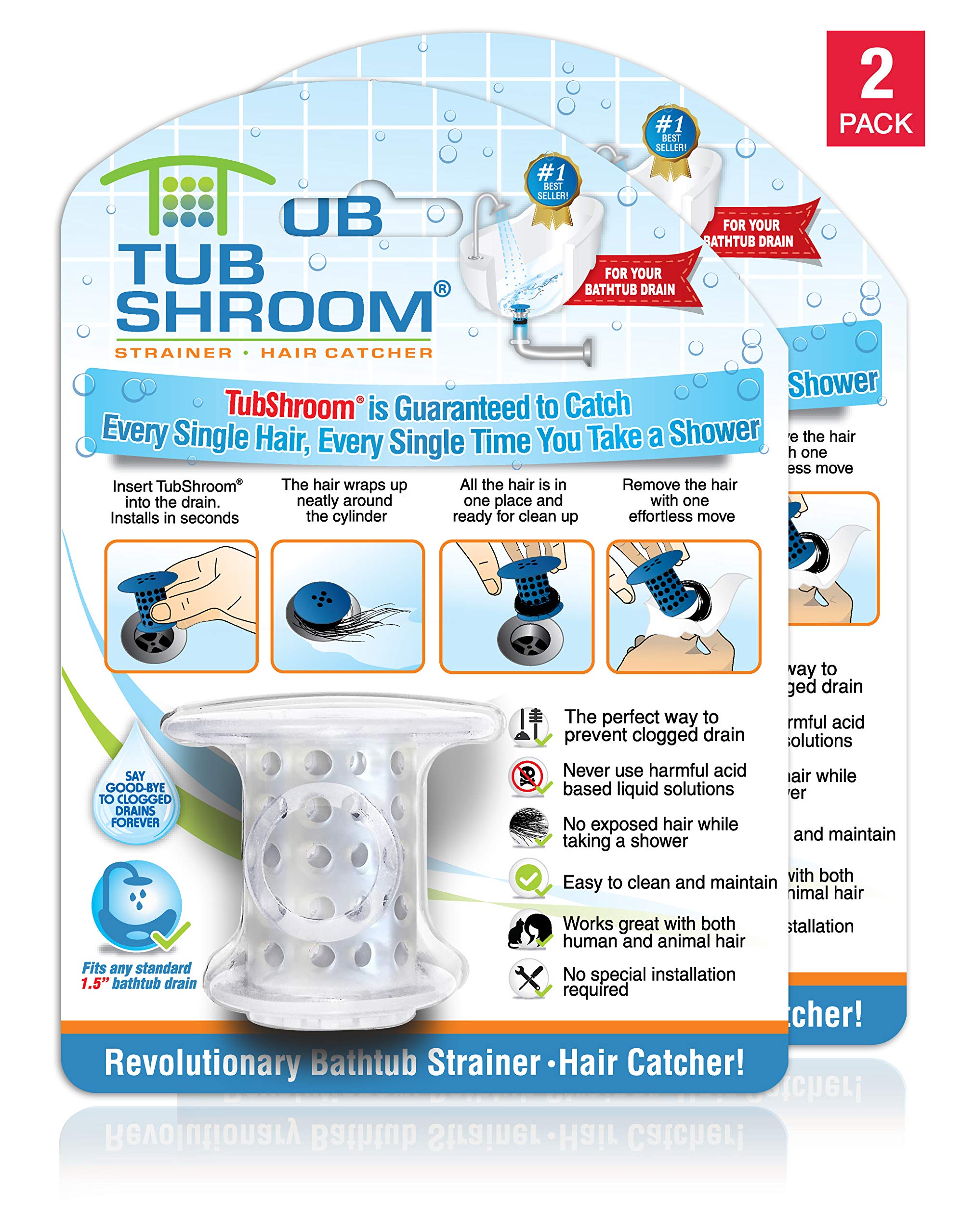 TubShroom Revolutionary Tub Drain Protector Hair Catcher/Strainer/Snare, Clear (2 pack)