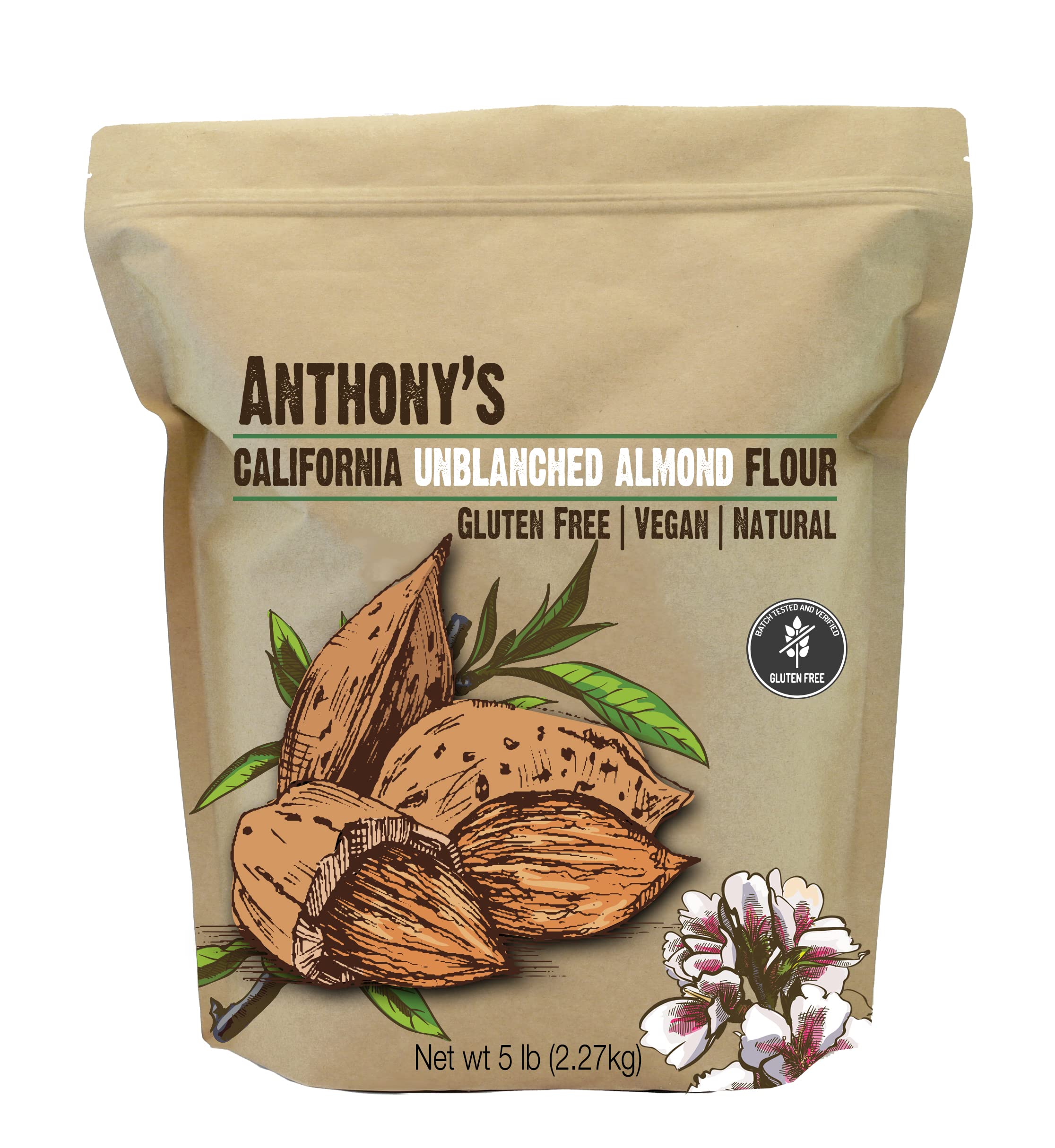 Book Cover Anthony's Almond Meal Flour, Unblanched, 5 lb, Batch Tested Gluten Free, Keto Friendly 5 Pound (Pack of 1)