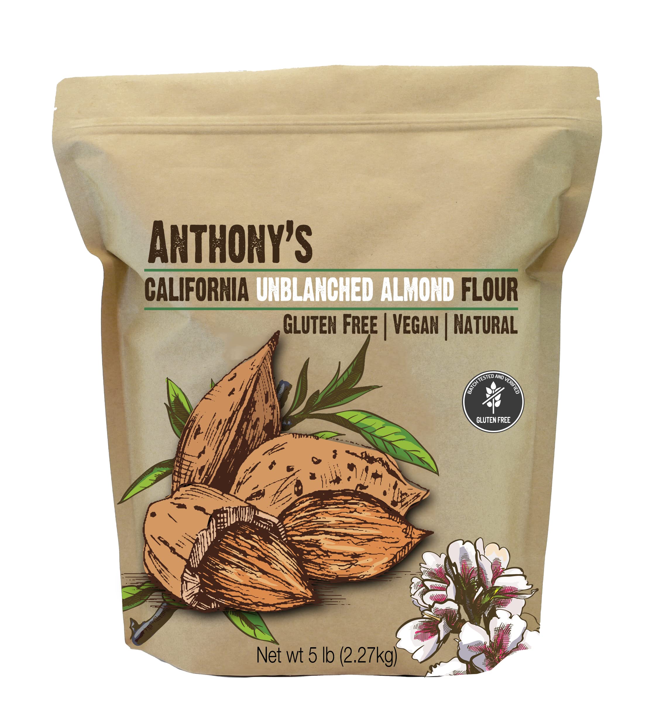Anthony's Almond Meal Flour, Unblanched, 5 lb, Batch Tested Gluten Free, Keto Friendly 5 Pound (Pack of 1)