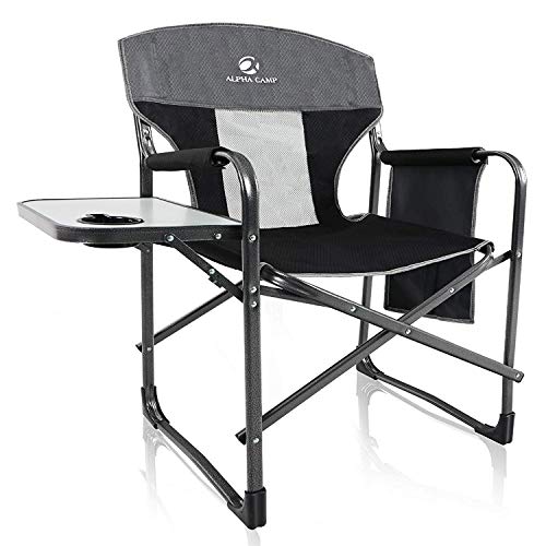 ALPHA CAMP Oversized Camping Director Chair Heavy Duty Frame Collapsible with Side Table, Supports 300 lbs - Grey/Black