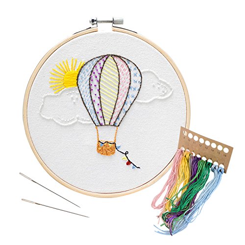 UNIME Embroidery Starter Kit with Pattern Full Range Embroidery Kit with Embroidery Cloth, Embroidery Hoop, Color Threads, Needles (balloon01) …