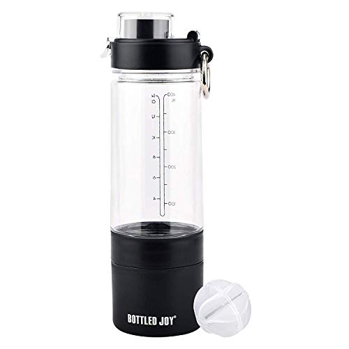 BOTTLED JOY Lady Sport Shaker Water Bottle, Protein Shaker Bottle with 2-Layer Twist and Lock Storage, 480ml 16oz Gym Bottle, 100% Leak Proof Mix Drink Bottle (BLACK)
