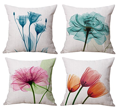 Book Cover Geepro 18 x 18 inches Cotton Linen Floral Decorative Throw Pillow Cover Home Decor Flower Sofa Cushion Covers Set of 4 (Blue)