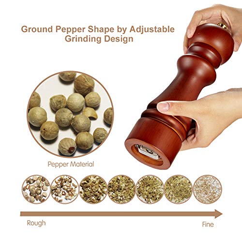 Pepper Mill, Fine Grind, Long-Life,German Precision Carbon Steel Core, 8 Inches Wood Pepper Grinder