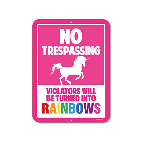 Book Cover Unicorn Wall Decor, No Trespassing Signs, Violators Will Be Turned Into Rainbows, 9 x 12 Inch Metal Aluminum Novelty Sign Decor