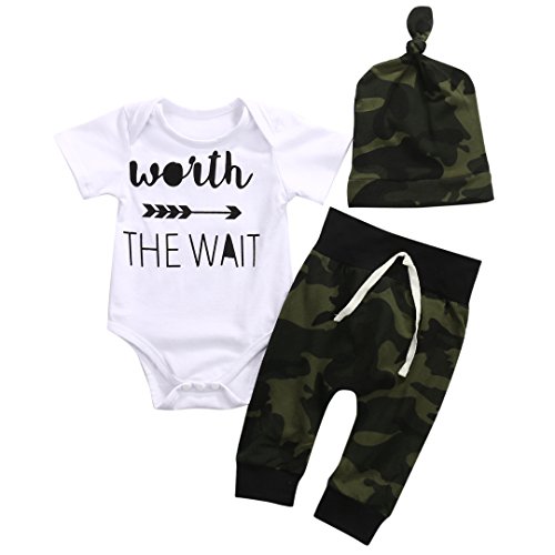 Book Cover 3PCS Newborn Baby Boys Cute Letter Print Romper+Camouflage Pants+Hat Outfits Set