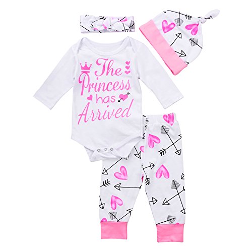 4 pcs Baby Girls Pants Set Newborn Infant Toddler Letter Romper Arrow Heart Pants Hats Headband Clothes - Multicoloured - Newborn