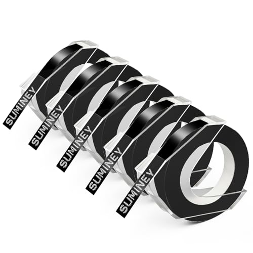 Compatible with Dymo Embossing Label Maker Refills, Suminey Black 3D Plastic Embossing Label Tape for Organizer Xpress Pro 12965 12966 Office Mate II 1540 154000, 3/8 Inch X 9.8 Feet,5-roll Pack