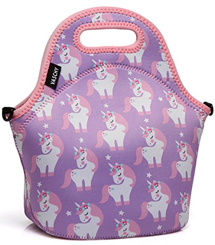Book Cover Lunch Box Bag for Girls,VASCHY Neoprene Insulated Lunch Tote with Detachable Adjustable Shoulder Strap in Pink Unicorn