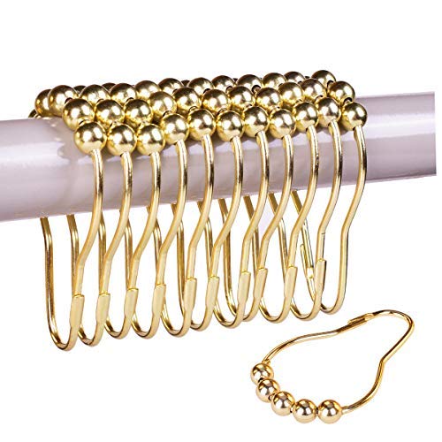 TANTAI Shower Curtain Hooks-Gold Rustproof Stainless Steel Shower Curtain Rings Hooks for Bathroom or Bedroom Curtains and Liner Rods,Five Metal Ball Design,Set of 12 Hooks