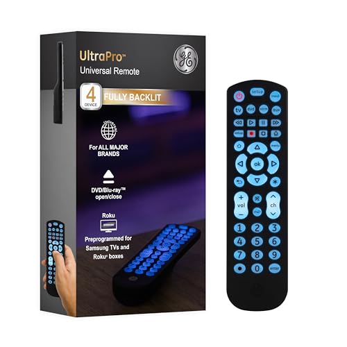 Backlit Universal Remote Control by GE, Works for Samsung, Vizio, TCL, HiSense, Sony, RCA, Panasonic, Roku, Apple TV, Smart TVs, Streaming Players, Blu-Ray, DVD, 4-Device, Black, 40081 Black Remote Blue Backlit Remote Control