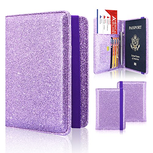 ACdream Passport Holder Cover, Leather Travel Wallet Case, RFID Blocking Document Organizer Protecrtor, with Slots for Credit Cards, Boarding Pass, for Women and Men, Purple Glitter