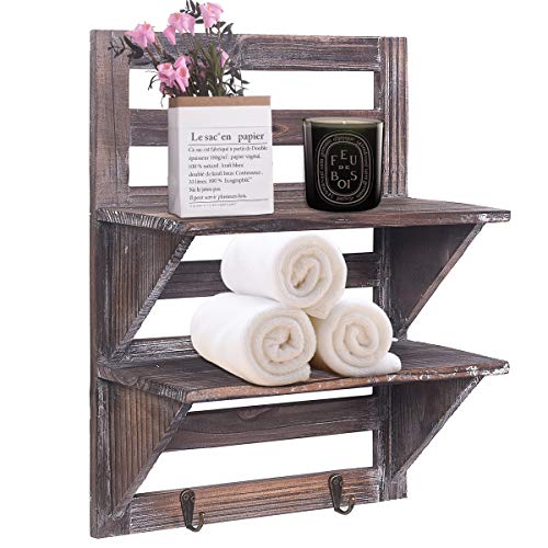 RHF Rustic Shelves Bathroom Shelf Over Toilet Wood Wall Mounted Shelves for Bathroom Floating Shelves Wall Shelves 2 Hooks 2-Tier,Hanging Shelf Organiser Rack,Bathroom Decor (Brown)