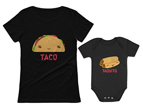 Taco & Taquito Baby Bodysuit & Women's T-Shirt Set Mommy & Me Matching Outfit Taco Black Medium / Taquito Black 12M (6-12M)