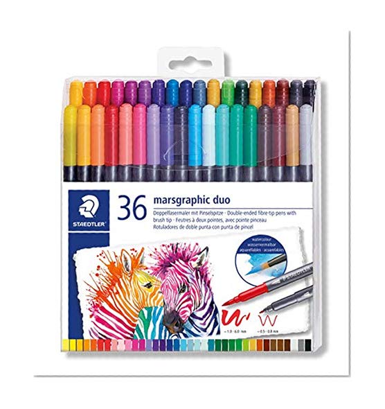 Staedtler Feutres de coloriage aquarellables à double pointe, Pointe pinceau 1-6 mm et pointe fine 0.5-0.8 mm, Étui plastique avec 36 couleurs différentes assorties, 3001 TB36