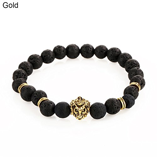 Wintefei 1Pc Men Fashion Lava Stone Cool Lion Head Adjustable Beaded Cuff Charm Bracelet