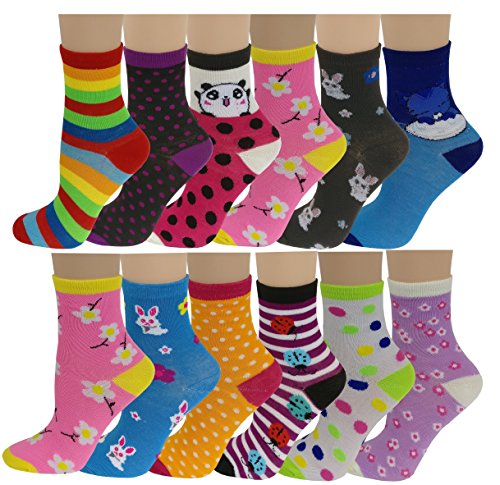 12 Pairs Pack Kids Girls Colorful Creative Fun Novelty Design Crew Socks