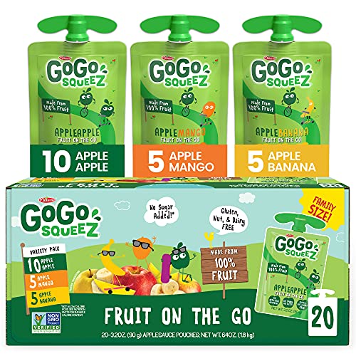 Book Cover GoGo SqueeZ Fruit on The Go Variety Pack, Apple, Banana, & Mango, Tasty Kids Applesauce Snacks, Gluten, Nut & Dairy Free, Vegan, 3.2 Oz, Pack of 20