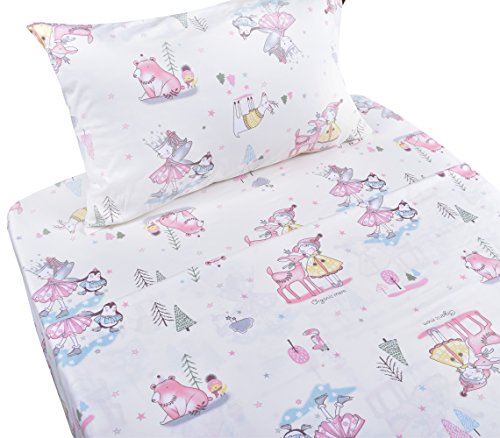 Book Cover Winter Princess Play at Forest Cotton Cozy Twin Bed Sheet Set for Girls, Flat Sheet & Fitted Sheet & Pillowcase Bedding Set (10, Twin)