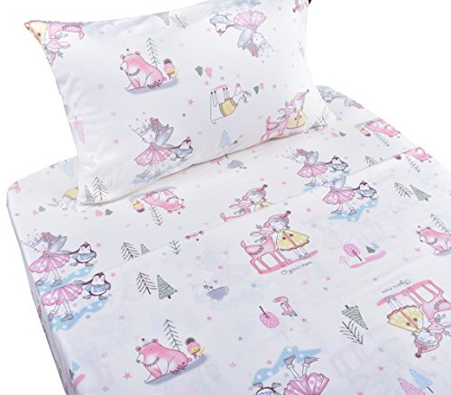 Winter Princess Play at Forest Cotton Cozy Twin Bed Sheet Set for Girls, Flat Sheet & Fitted Sheet & Pillowcase Bedding Set (10, Twin)