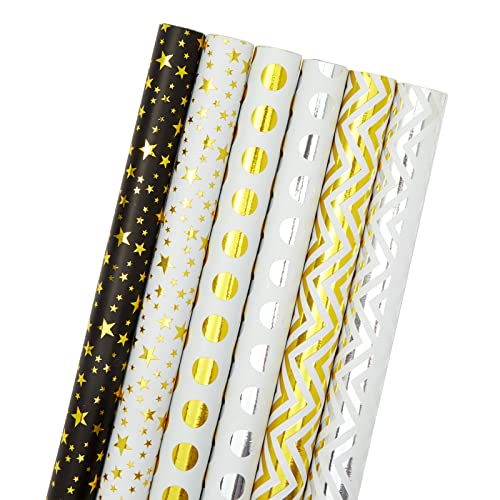 6 Rolls Gold and Silver Foil Gift Wrapping Paper for Birthday, Wedding (2.5 x 10 Ft)