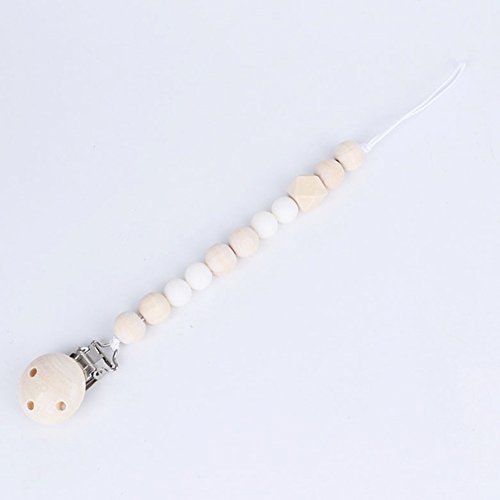 Infant Pacifier Clip Holder for Unisex Baby with Wooden Teething Beads Nipple Strap Chain Teether Toys Gift (White)