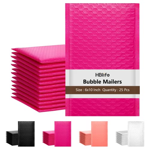HBlife 6x10 Inches Poly Bubble Mailers Self Seal Hot Pink Padded Envelopes, Pack of 25