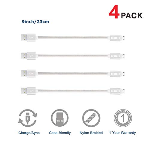 Short Micro USB Cable, COSOOS 4 Pack 9 Inch Nylon Braided Charging and Syncing Short Cords for Samsung, Kindle, Charging Station, Android Smartphones, Power Bank, PS4 (Silver,White)