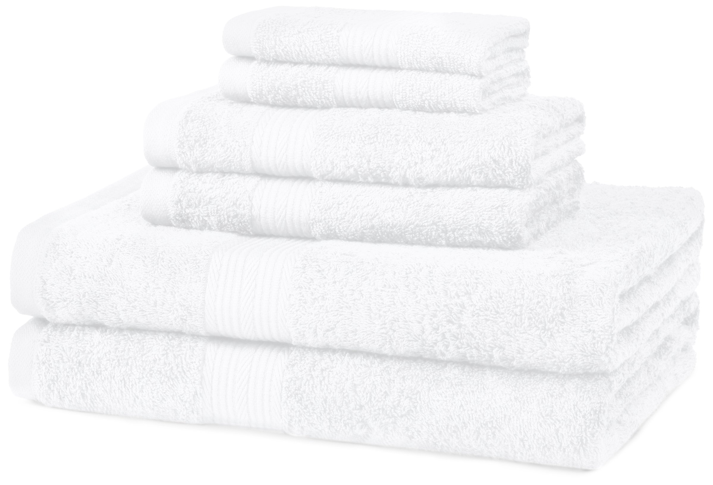 Book Cover Amazon Basics 6-Piece Fade Resistant Bath, Hand and Washcloth Towel Set -Cotton, White, 14.25
