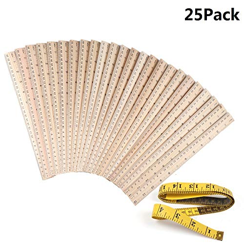 25 Pack Wood Rulers Wooden Ruler School Rulers Office Rulers and Clothing Measuring Rulers, 2Scale (12Inch and 30CM) ...