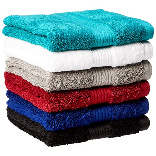 Book Cover AmazonBasics Fade-Resistant Cotton Hand Towel - Pack of 6, Multi-Color Black, White, Grey, Navy Blue, Teal, Crimson