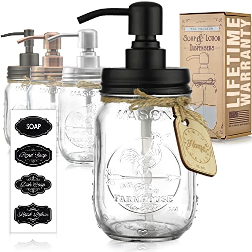 Mason Jar Soap Dispenser - Kitchen Soap Dispenser, Dish Soap Dispenser - Farmhouse Decor Hand Soap Dispenser for Bathroom or Lotion Dispenser (16 Oz, 304 Stainless - Rustproof Black Pump)