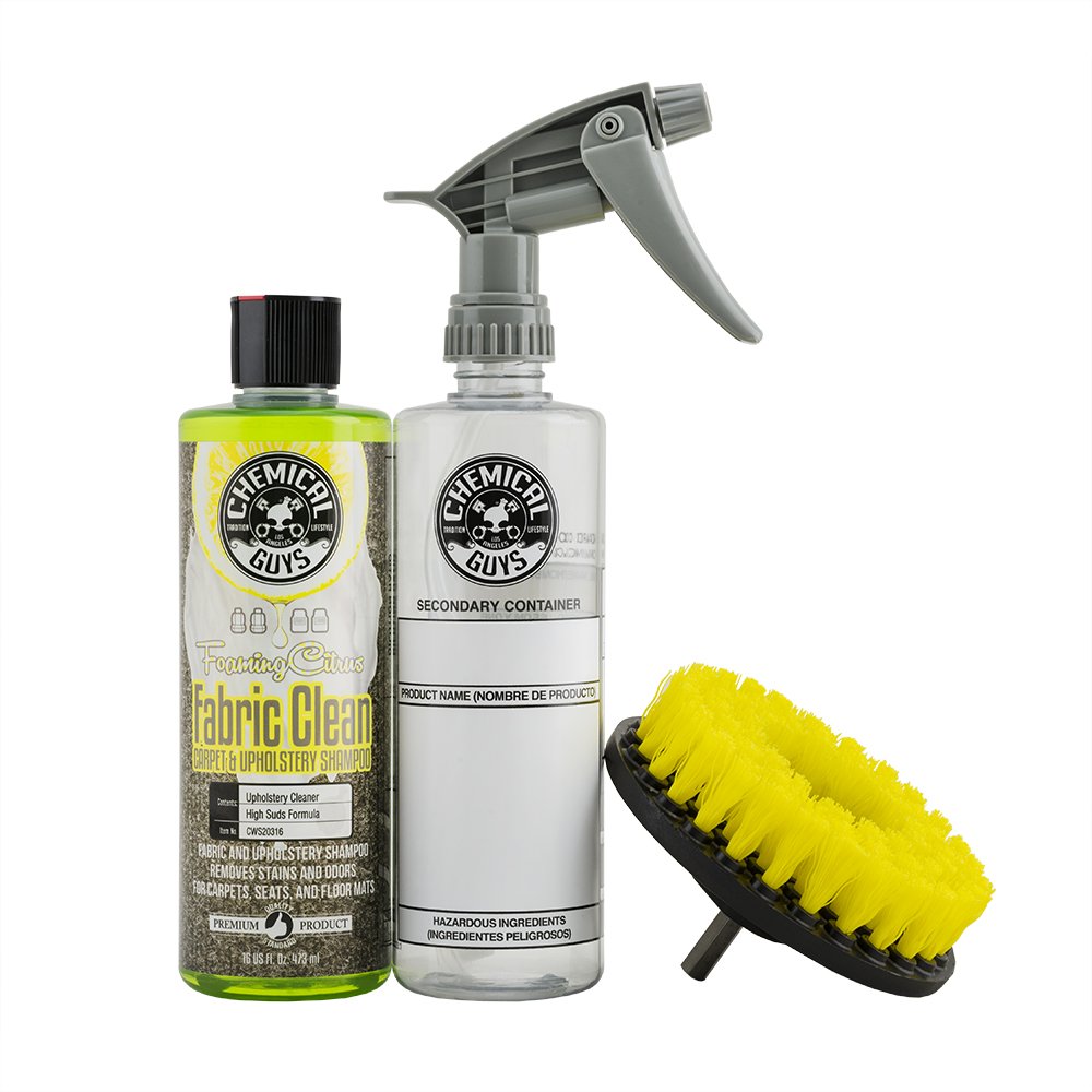 Chemical Guys CWS203 - HOL315 Foaming Citrus Fabric Clean, Easy-to-Use Drill Brush Carpet & Upholstery Fabric Cleaning Kit (Car Carpets, Seats & Floor Mats), 16 fl oz, Citrus Scent 16 oz CARPET CLEANING KIT