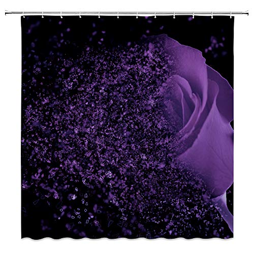 Purple Rose Shower Curtain Fantasy Dream Flower Magic Glamorous Black Bathroom Curtains Decor Polyester Fabric 70 x 70 Inches Include Hooks