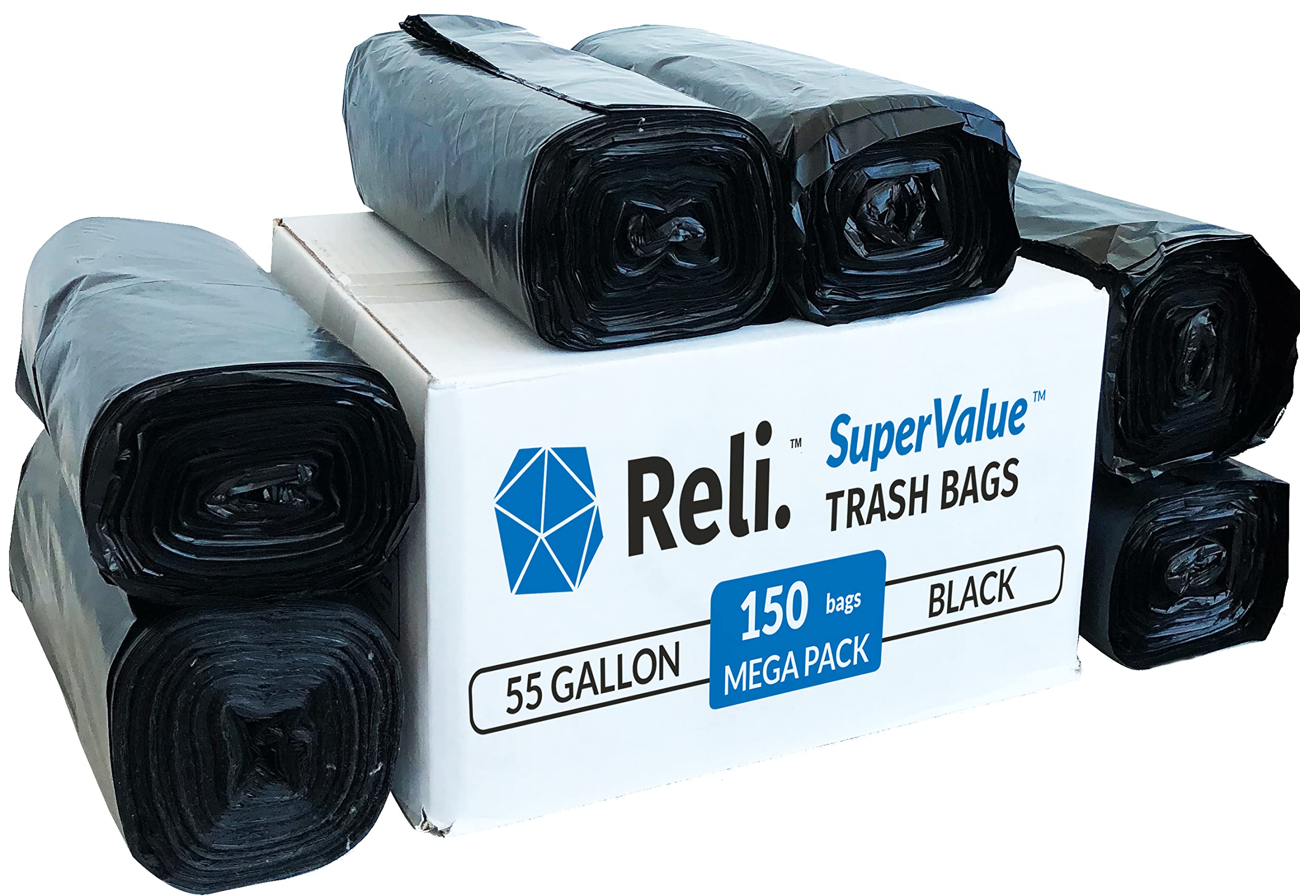 Book Cover Reli. Easy Grab 55-60 Gallon Trash Bags | 150 Count | Made in USA | Heavy Duty | Bulk | SuperValue | Black Multi-Use Garbage Bags 150 60 Gallon (Pack of 1)