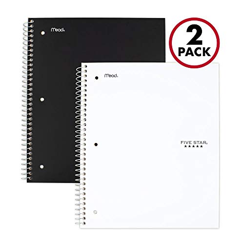 Five Star Spiral Notebooks, 1 Subject, College Ruled Paper, 100 Sheets, 11" x 8-1/2", Black, White, 2 Pack (38454)