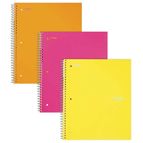 Five Star Spiral Notebooks, 1 Subject, College Ruled Paper, 100 Sheets, 11" x 8-1/2", Orange, Pink, Yellow, 3 Pack (38443)