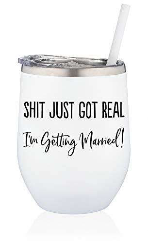 Bride - 12 oz Stainless Steel Wine Tumbler with Lid (White and Silver) - Bride Gift, Wedding Gift, Engagement, Bride To Be