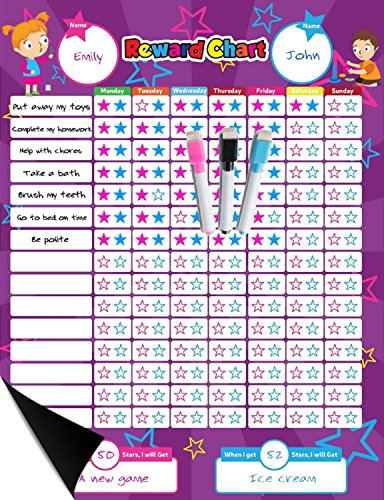 Book Cover Magnetic Reward Behavior Star Chore Chart for One or Two Kids 17 x 13 Includes: 3 Color Dry Erase Markers Pink, Blue, & Black, Flexible Chart with Full Magnet Backing for Fridge Teaches Responsibility