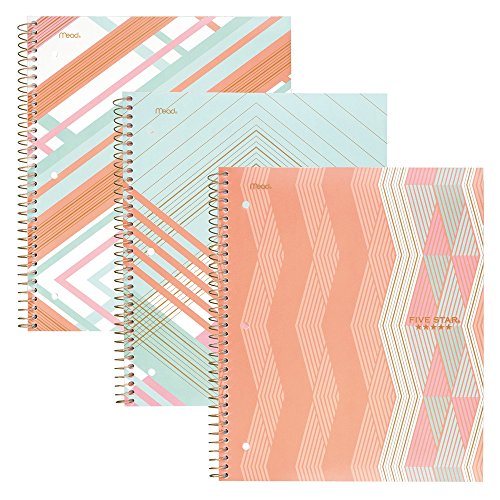 Five Star Spiral Notebooks, 1 Subject, College Ruled Paper, 100 Sheets, 11" x 8-1/2", Interrupt Coral, V Coral, ZigZag Coral, 3 Pack (38503)