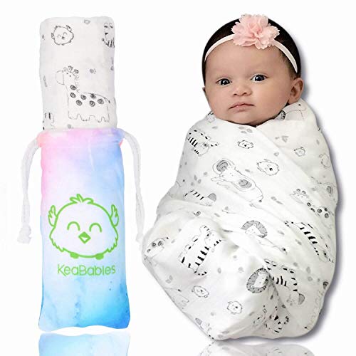 Baby Muslin Receiving Swaddle Blanket - Organic Bamboo Swaddle Blankets by Swaddling Blankets for Boys, Girls - Baby Receiving Blankets for Babies, Newborns - Baby Gift Set (Kea Safari)