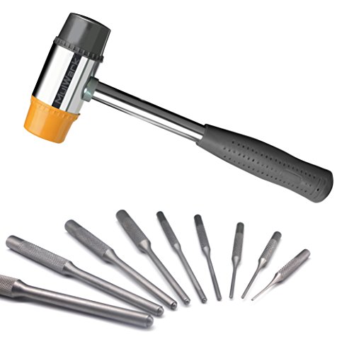 MulWark 10pcs Gun Bolt Catch Roll Pin Punch Set & 35mm Small Double-Faced Soft Rubber Mallet Hammer Tool Kit - Corrosion Resistant Hand Pin Remover Tool with Holder for Automotive, Gunsmithing, Watch
