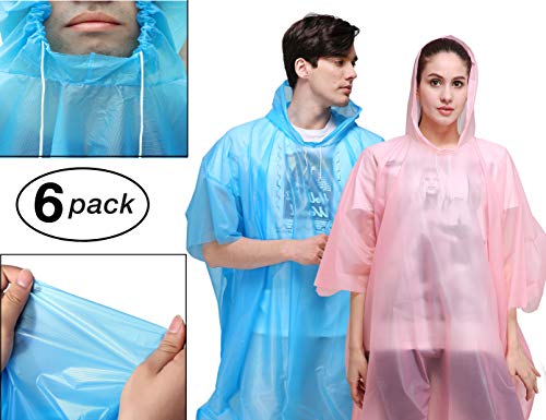 Rain Poncho for Adults - 6 Pack of PEVA Tear Resistant Thick Ponchos for Men or Women with Drawstring on Hood by Viper Gear - Disposable or Reusable Emergency Rain Gear