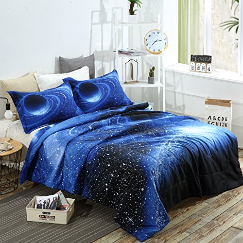 Book Cover YOUSA Blue 3 Pieces Comforter Set Galaxy Design Quilt Sets with 2 Matching Pillow Shams Moon Bedding Set (Full/Queen,06)