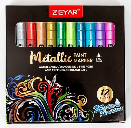 ZEYAR Acrylic Paint Pens, Water based, Fine Point, 12 Metallic colors, Acid Free, Opaque Ink, Great for greeting card, Album, Poster, Scrapbook and so on