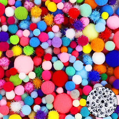 Pom Poms HEHALI 1600pcs Setincluding 1500pcs Craft Assorted Sizes and Colors with 100pcs Wiggle Googly Eyes for Hobby Supplies and Creative Craft DIY Material